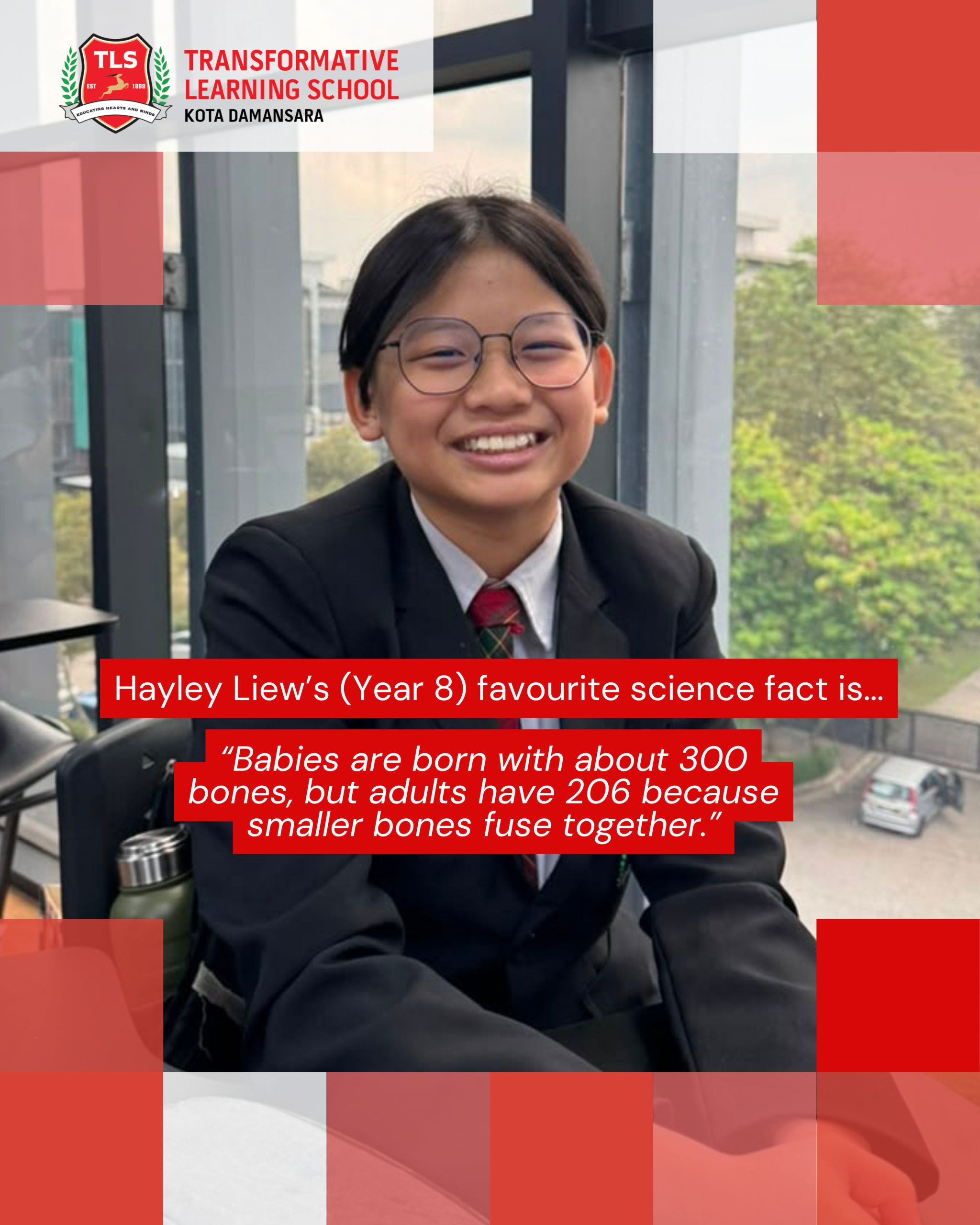 Hayley Liew's (Year 8) favourite science fact is ... "Babies are born with about 300 bones, but adults have 206 because smaller bones fuse together."
